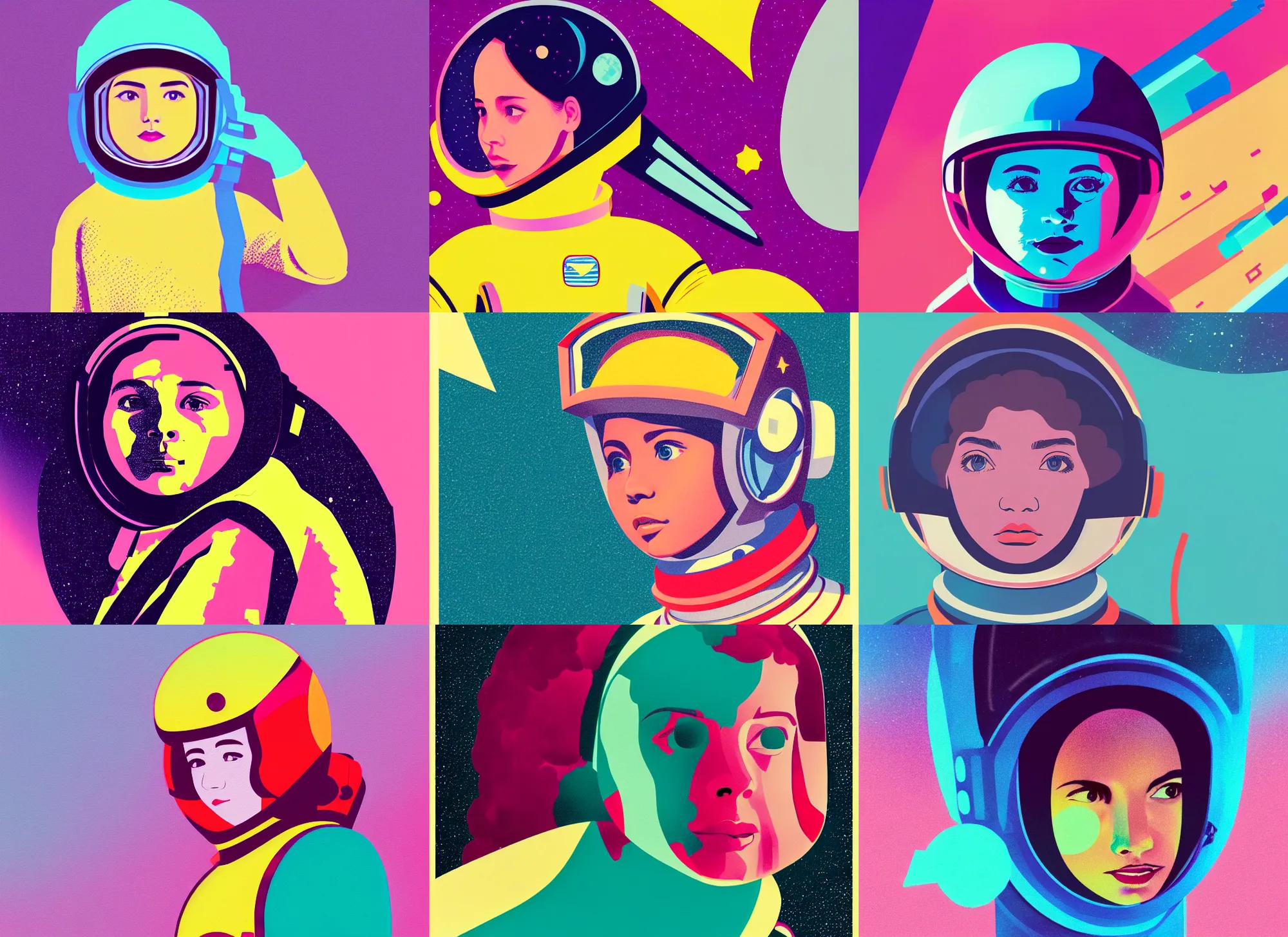 Prompt: ( ( strong dither ) ), editorial illustration portrait of a young astronaut girl, colorful modern, charlie davis, fine texture, dynamic composition, detailed, matte print, dynamic perspective, muted color, lomography, ( ( risograph ) ), muted colors