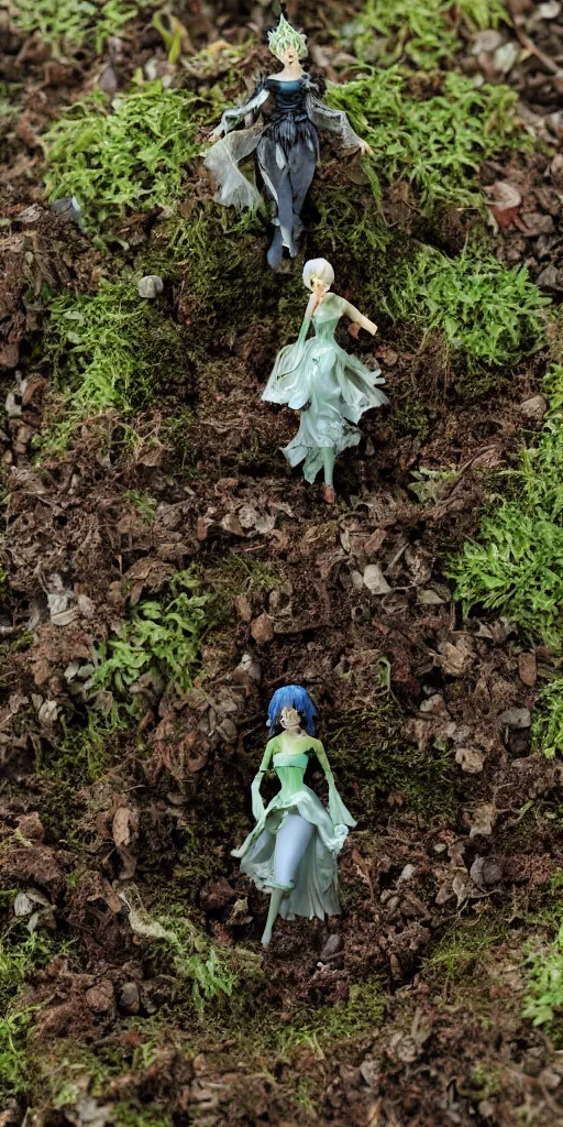 Prompt: plastic princess figure diorama in dirt and moss, secondhand, mcfarlane, cursed photography, middle shot by kazuma kaneko