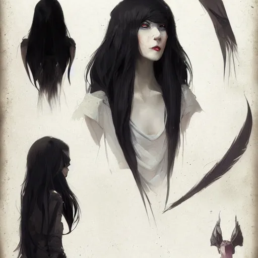 Image similar to female human vampire witch in the style of greg rutkowski, makoto shinkai, trending on artstation, character design, concept art, pretty face, highly detailed, long black hair, portrait, digital art