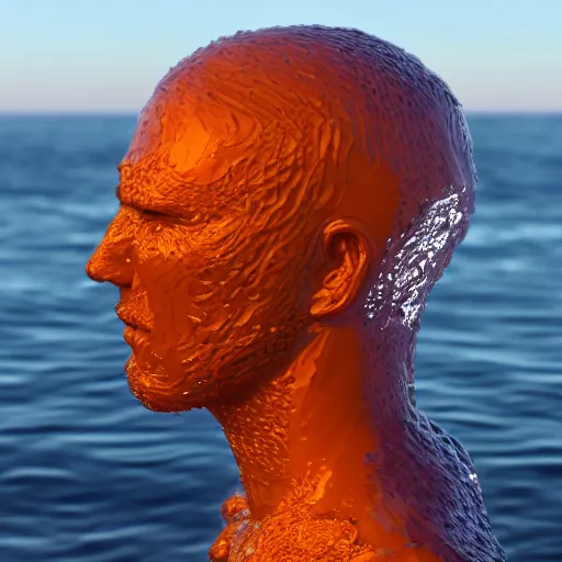 Image similar to a human head sculpture made out of water on the ocean water, cinematic, in the style of chad knight, long shot, hyper detailed, hyper realistic, ray tracing, 8 k resolution, sharp focus, realistic water, award winning