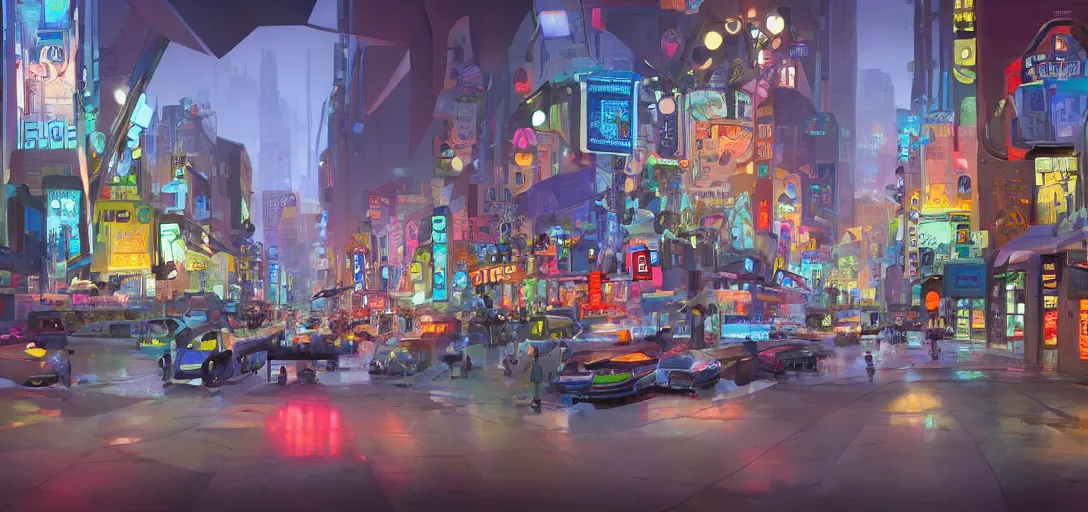 Image similar to visual development futuristic main street los angeles cityscape, by dice tsutsumi, pixar disney dreamworks sony animation, photoshop, the art of books