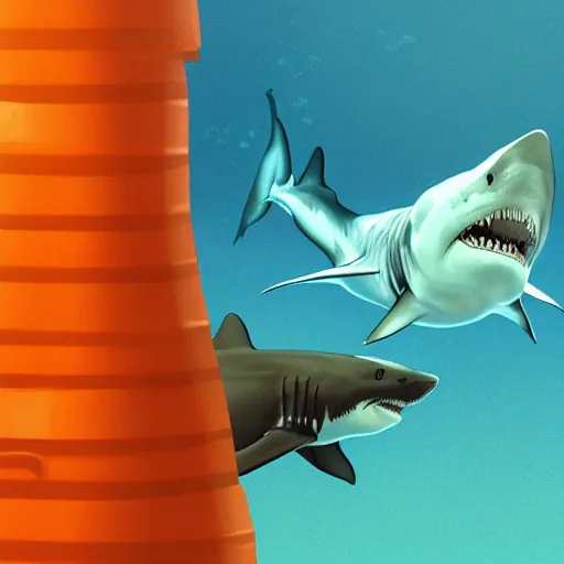 Image similar to great white shark with an orange traffic cone instead of a fin - ron cheng & alphonse mucha, highly detailed, digital painting, ray tracing, concept art, illustration, smooth sharp focus, intricate, symmetry, artstation,