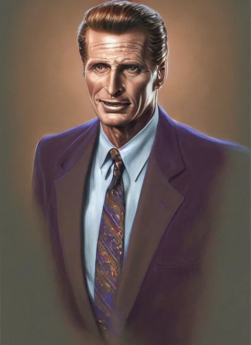 Image similar to portrait of Robert Stack from Unsolved Mysteries, highly detailed, centered, solid color background, digital painting, artstation, concept art, smooth, sharp focus, illustration, Jason Edmiston, donato giancola, Joseph Christian Leyendecker, Les Edwards, Ed Repka, WLOP, Artgerm