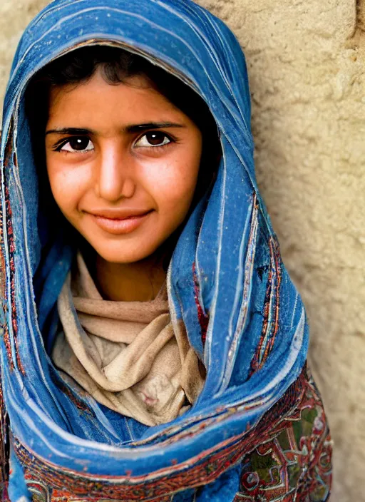 Prompt: a beautiful afghan girl, cute smile, soft lighting, professionally retouched, highly realistic, smooth face, blue sharp eyes, black hair, very sharp focus, wide angle shot, insanely detailed, gorgeous, photo by steve mccurry