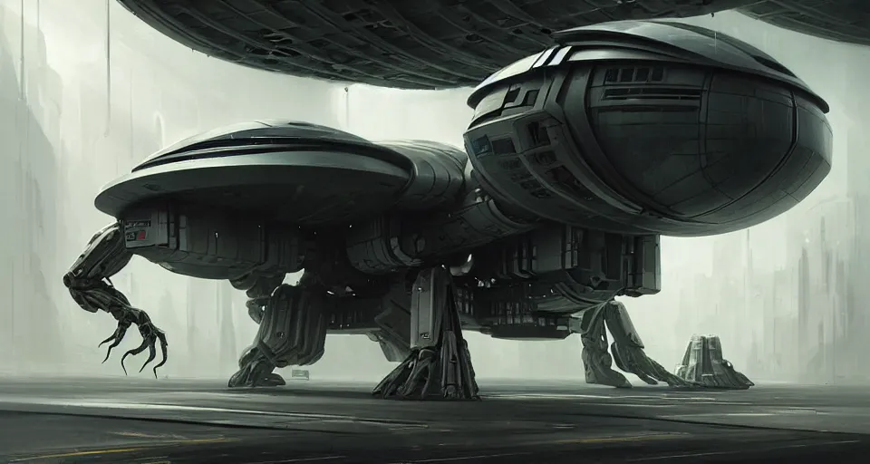 Image similar to hyper realistic sci - fi matte concept art painting of a giant spiderbot in a starship hanger, beautiful details, strong composition painted by kim jung guweta studio rutkowski, james gurney and greg rutkowski, and lucasfilm, smooth, intricate, detailed, sharp focus, cinematic