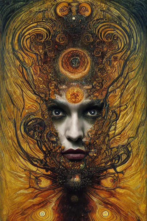 Image similar to Visions of Hell by Karol Bak, Jean Deville, Gustav Klimt, and Vincent Van Gogh, nightmare portrait, infernal, visionary, otherworldly, fractal structures, ornate gilded medieval icon, third eye, hellfire, stygian, spirals