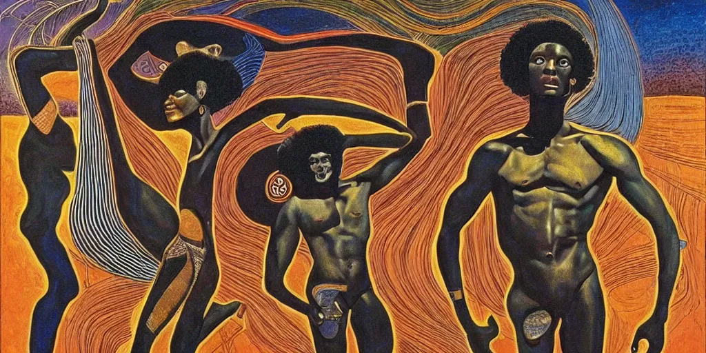 Prompt: an afrofuture space station, portrait of a dark - skinned greek god dancing. 2 4 mm, photorealistic, muted color scheme, directed by mati klarwein and picasso