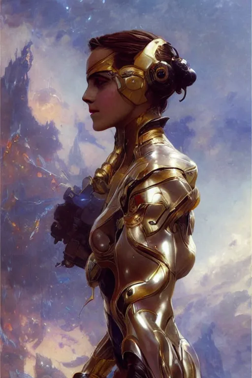 Prompt: emma watson futuristic fractal fightsuit gaston bussiere craig mullins j. c. leyendecker short wet hair