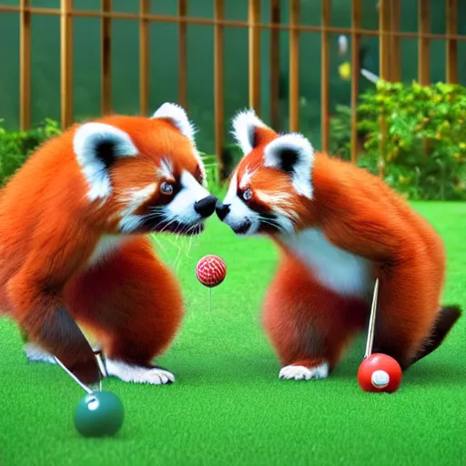 Prompt: very cute friendly happy high energy red pandas at a garden party playing croquet, artwork by mark brooks, 3D render, UE5, 8K, 4K