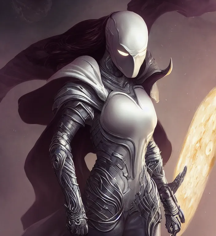 Image similar to female moon knight, hyper detailed, digital art, trending in artstation, cinematic lighting, studio quality, smooth render, unreal engine 5 rendered, octane rendered, art style by klimt and nixeu and ian sprigger and wlop and krenz cushart