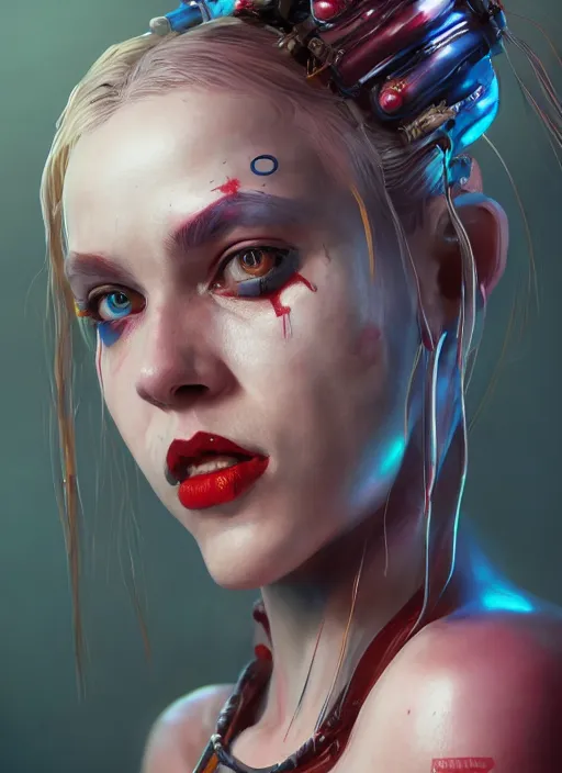 Image similar to biopunk portrait of harley quinn, au naturel, hyper detailed, digital art, trending in artstation, cinematic lighting, studio quality, smooth render, unreal engine 5 rendered, octane rendered, art style by klimt and nixeu and ian sprigger and wlop and krenz cushart