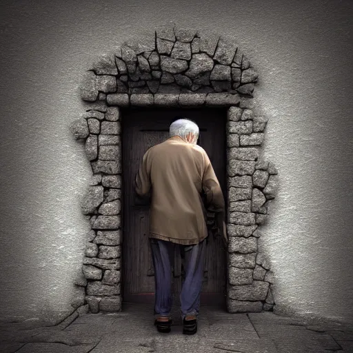 Image similar to old man going through an old magical door, digital art, 4 k, fantasy