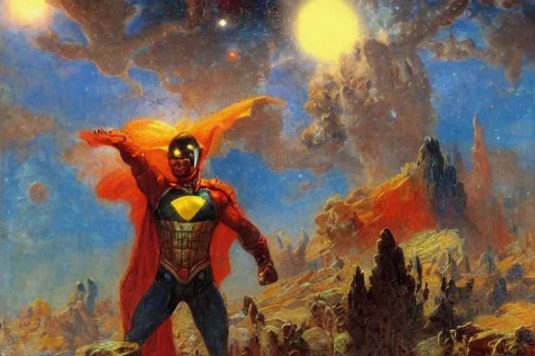 Image similar to portrait of omni - man conquering a planet. art by gaston bussiere.