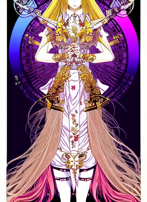 Prompt: highly detailed terada katsuya legend of the cryptids atrstation manga poster of princess mechine, anotherwanderer, rainbow gradient reflection, long hair, armor, dress, laces, ruffles, 8 k, maximalist, golden ratio, alphonse mucha