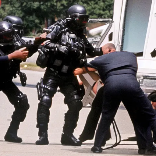 Prompt: michael jackson getting raided by swat team