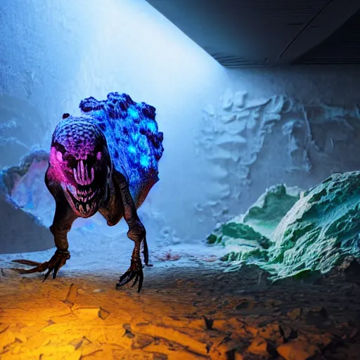 Prompt: photorealistic dinosaur skeleton inside a beautiful geode of colored crystals, volumetric lighting