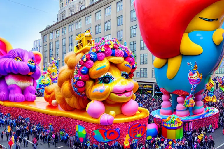 Prompt: photo of giant cute elaborate parade float character designed by ( ( ( ( ( ( ( ( lisa frank ) ) ) ) ) ) ) ) and bosch!!!!!!!!!!!!!!, in the macys parade, detailed 4 k photo,
