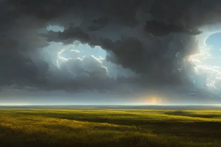 Image similar to Storm brooding over the plains, matte painting by Sylvain Sarrailh. Bright volumetric sunlight