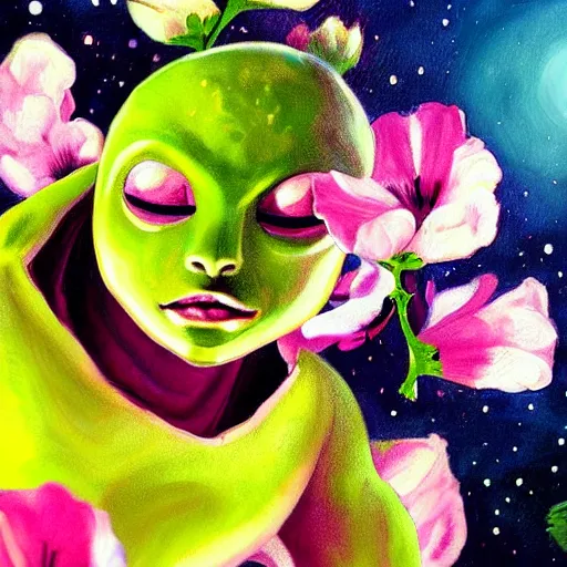 Image similar to beautiful painting of a cute alien sleeping laying in colorful flowers. sci fi concept art by caravaggio