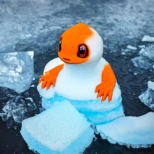 Prompt: charmander made completely of ice, photography