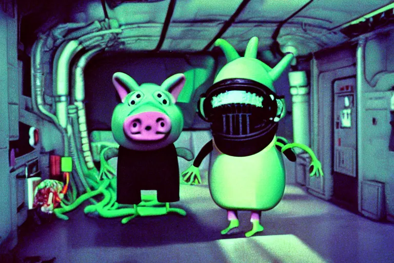 Image similar to peppa the pig with xenomorph body from movie alien 1 9 7 9, staying at nostromo spaceship. extreme long shot, cinestill, black and blue and acid green colors