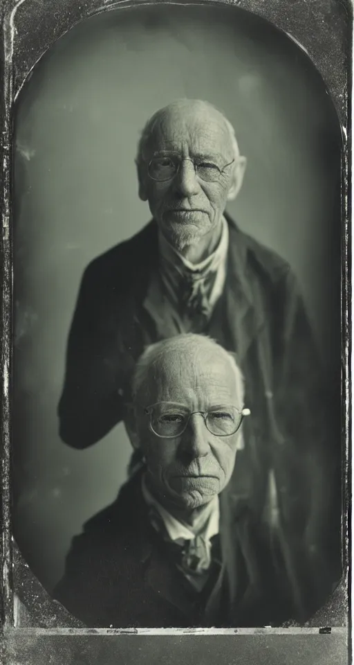 Image similar to a wet plate photograph, a portrait of a scientist