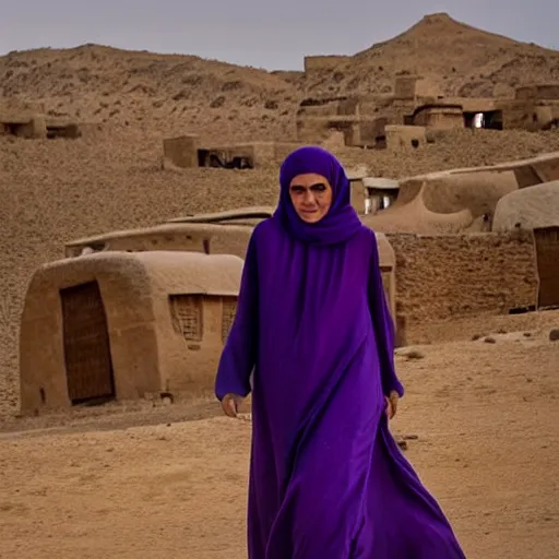 Image similar to low shot photo of feminine and lean arab woman wearing a long purple dress, strutting and looking fierce, with najdi mud houses in the background, early evening, starry sky, in the style of annie leibovitz amd steve meiele