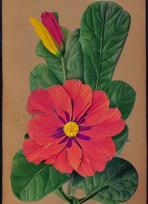 Prompt: fantasy scientific botanical illustration of colorful flower with a female mouth