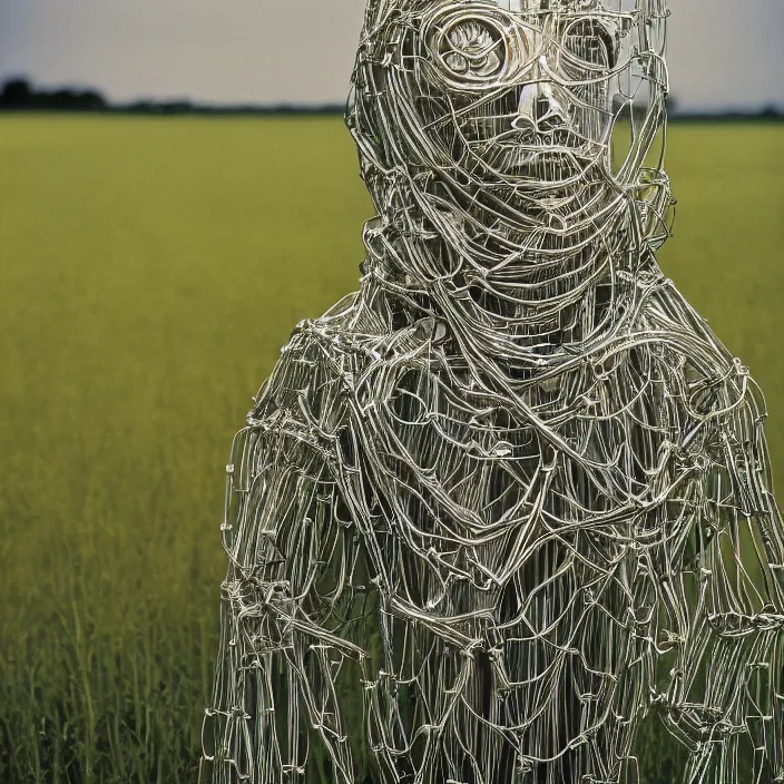 Prompt: closeup portrait of a robot wearing a cloak made of wire and lilies, in an empty field, by Annie Leibovitz and Steve McCurry, natural light, detailed face, CANON Eos C300, ƒ1.8, 35mm, 8K, medium-format print