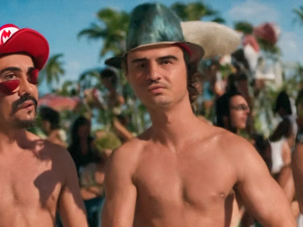 Image similar to Close up of mario in a hat in Harmony Korine Spring Breakers film aesthetic!!!