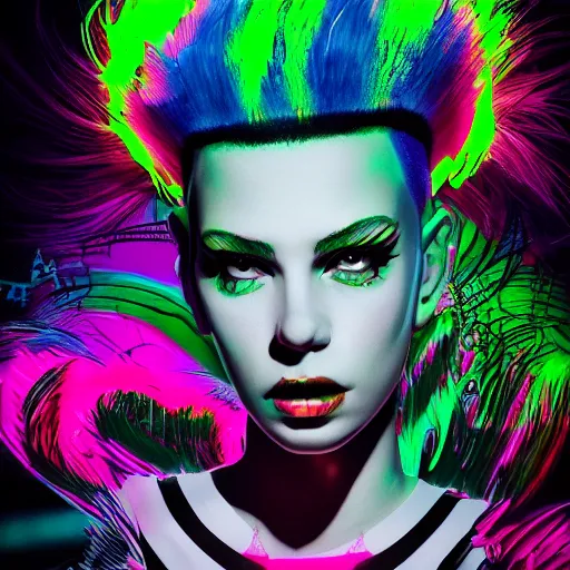 Image similar to splashes of neon magic, mowhawk, punk women portrait made out of paint, trending on artstation, epic composition, emotional, beautiful, rendered in octane, highly detailed, realistic, tim burton comic book art, sharp focus, unreal engine