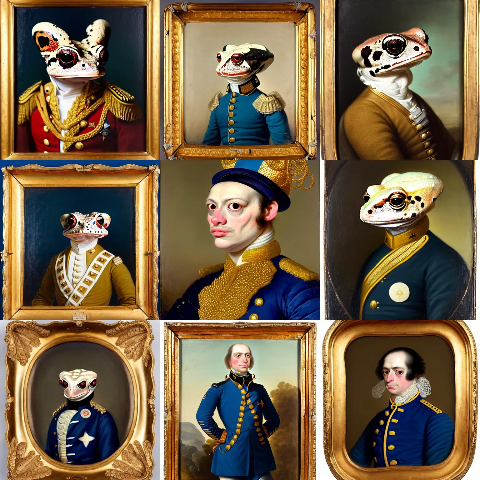 Prompt: a head - and - shoulders portrait of an amazon milk frog wearing a blue continental army uniform and gold lace epaulettes without a hat, an american romanticism painting, oil on canvas, cgsociety, soft focus