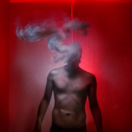 Image similar to a man of wire and smoke, in a red room, lit with one light, moody, atmospheric