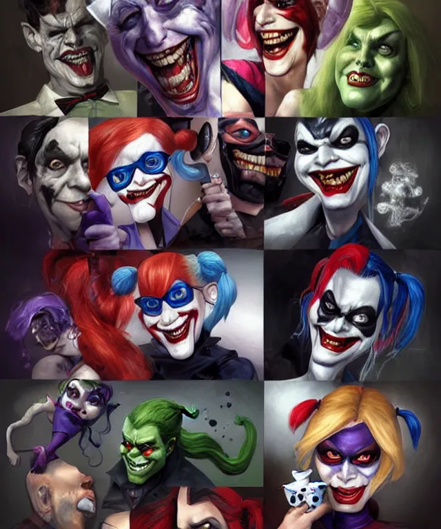 Image similar to Caricatures of Harley Quinn, Heath Ledgers Joker and Batman, playing video games on a couch together, Harley Quinn is winning, mum brings in milk and cookies. fun, funny, highly detailed, digital painting, artstation, concept art, smooth, sharp focus, illustration, art by artgerm and greg rutkowski and alphonse mucha