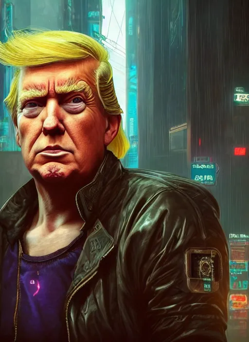 Image similar to portrait of Trump as a homeless character in Cyberpunk 2077, looking at camera, intricate, dystopian, sci-fi, extremely detailed, digital painting, artstation, concept art, smooth, sharp focus, illustration, intimidating lighting, incredible art by artgerm and greg rutkowski and alphonse mucha and simon stalenhag