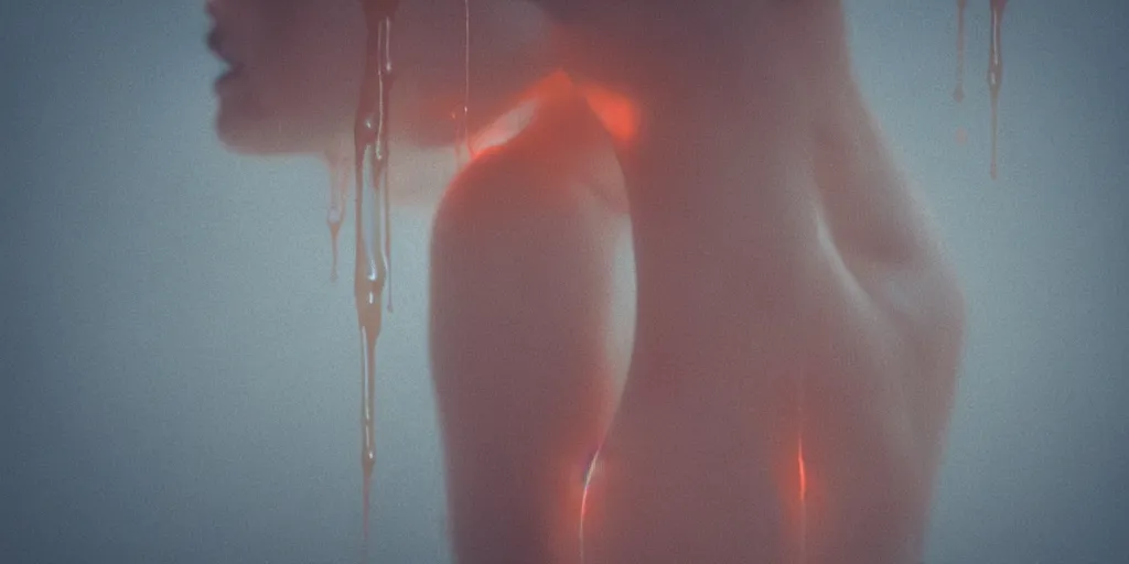 Image similar to a blurry closeup picture of woman's skin gripped tightly, female bodies, hands, dripping wet, macro photography, long exposure photograph, surrealism, anamorphic bokeh, cozy, soft light, cyan and orange, caustic, atmospheric fog, octane render, cinematic