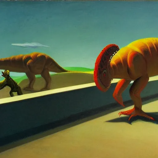 Image similar to painting of the extinction of the dinosaurs with asteroid and fire, in the style of edward hopper