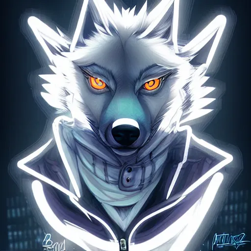 Prompt: beautiful furry art portrait commission of a androgynous furry anthro wolf fursona both wearing punk clothes in the streets of a cyberpunk city. neon signs. character design by charlie bowater, ross tran, artgerm, and makoto shinkai, detailed, inked, western comic book art