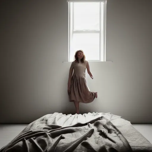 Image similar to portrait of girl in linen clothing falling from the room ceiling into a bed, natural sun lighting, unreal engine model, 8 5 mm lens by annie leibovitz