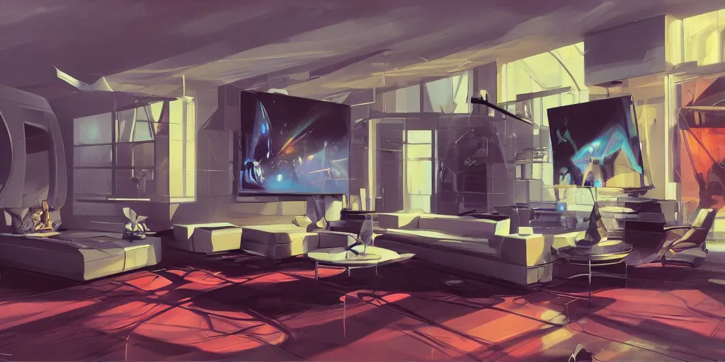 Image similar to a futuristic living room in gothic style with holograms all over, syd mead cinematic painting, 4 k