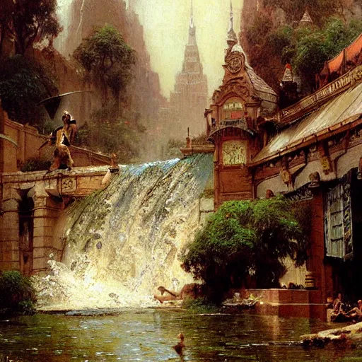 Prompt: waterfall flooding an entire city. victorian age. highly detailed painting by gaston bussiere, craig mullins, j. c. leyendecker