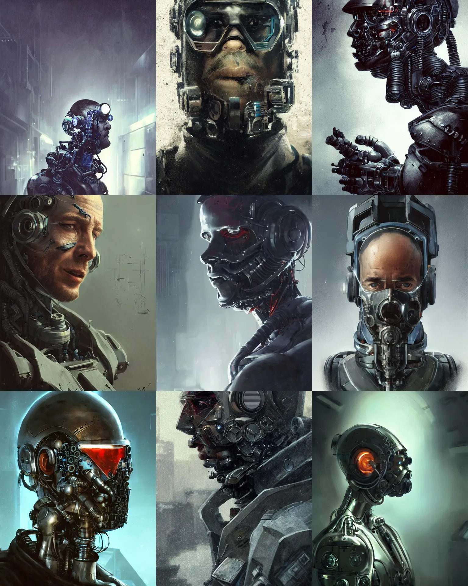 Prompt: a half - masked rugged laboratory engineer with cybernetic enhancements as seen from a distance, scifi character portrait by greg rutkowski, esuthio, craig mullins, 1 / 4 headshot, cinematic lighting, dystopian scifi gear, gloomy, profile picture, mechanical, cyborg, half robot, implants, dieselpunk