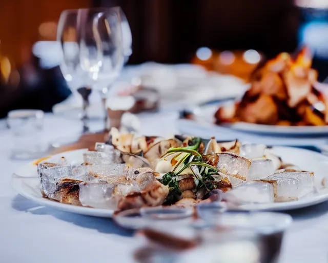 Prompt: 8 5 mm food photography of a plate full of grilled ice at restaurant with dof and bokeh and wine glasses o