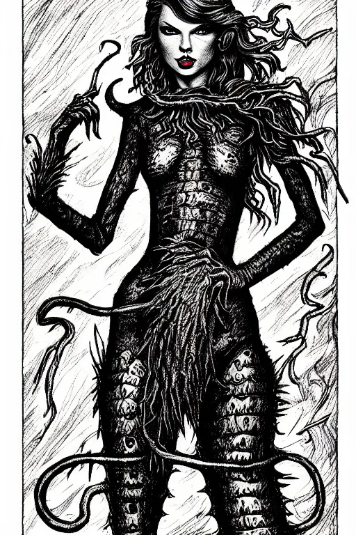 Image similar to taylor swift made of toxic smoke as a d & d monster, full body, pen - and - ink illustration, etching, by russ nicholson, david a trampier, larry elmore, 1 9 8 1, hq scan, intricate details, inside stylized border
