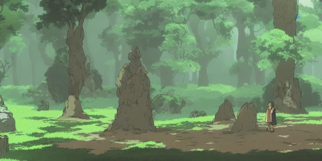 Prompt: award - winning movie still, landscape, dark forest, stone circle, by studio ghibli,