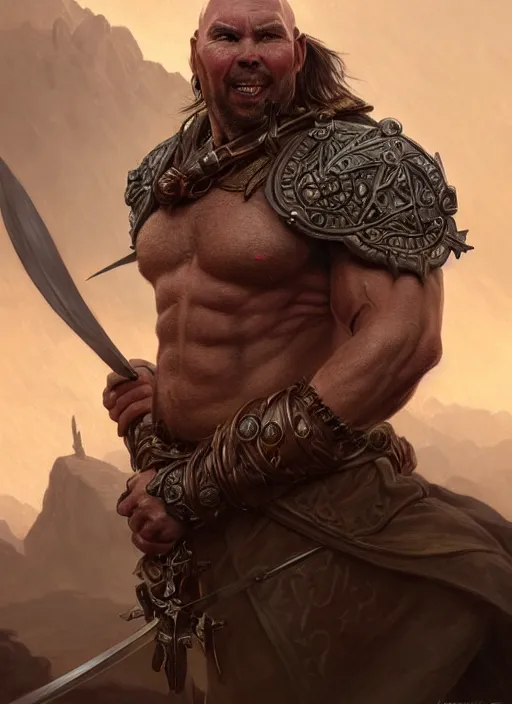 Image similar to portrait of karl pilkington as an orc, d & d, muscular! fantasy, intricate, elegant, highly detailed, digital painting, artstation, concept art, smooth, sharp focus, illustration, art by artgerm and greg rutkowski and alphonse mucha