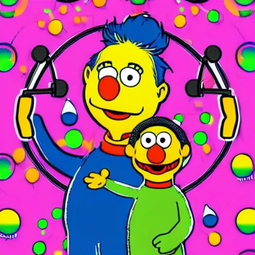 Image similar to svg sticker of a Pop-Wonder Bert&Ernie, Sesame-Street, at a rave, spinning records, giant headphones rocking out, wearing headphones, huge speakers, dancing, rave, DJ, spinning records, digital art, amazing composition, rule-of-thirds, award-winning, trending on artstation, featured on deviantart