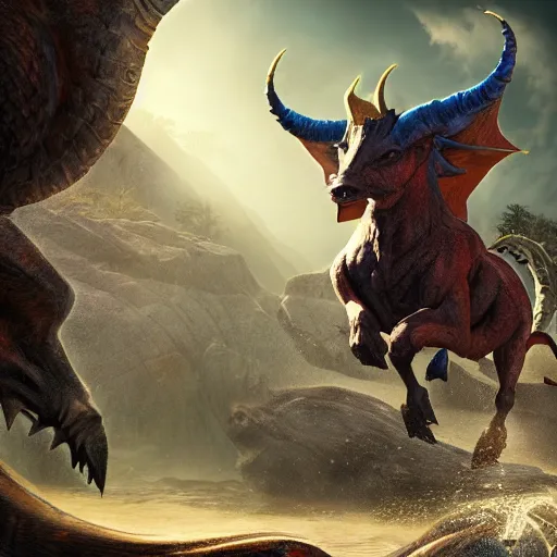 Image similar to man riding the elusive mythical capricorn creature while being attacked by monsters, fantasy art, concept art, character design, unreal engine 5, ultra detailed, cinematic, dramatic lighting