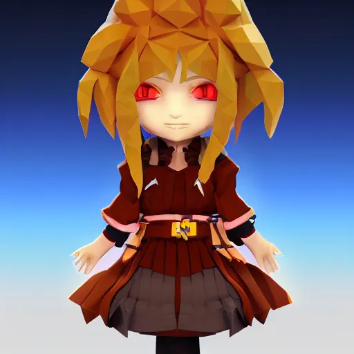 Prompt: ultra low poly modelling, clean shapes, isometric view, 1 6 bit colors, from touhou, a chibi girl, brown jacket with long sleeves, pigtails hair, volumetric lighting, fantasy, 4 k, intricate, hyper realistic, by blizzard, warcraft 3, backlit