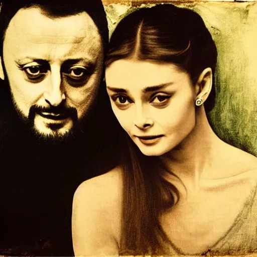 Prompt: Romeo (Jean Reno) and Juliet (Audrey Hepburn), are looking at each other romantically. dramatic, high contrast, romantic, theatrical, lumnious, cinematic lights,tintype photo, oil canvas by Csók István, Munkácsi, Leonardo da Vinci and Hollósy Simon